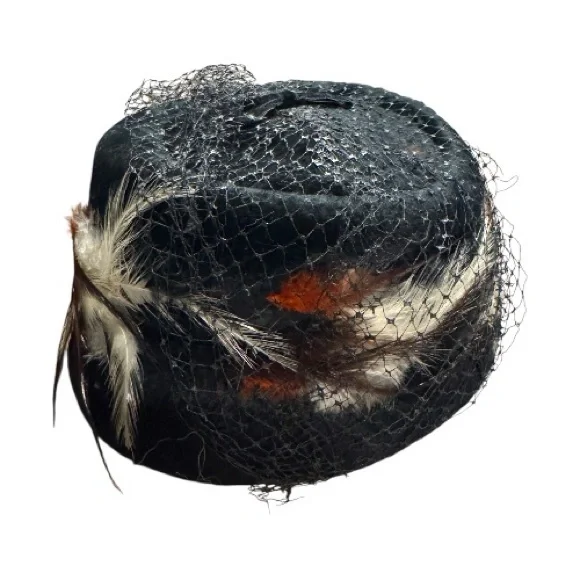 Vtg 1940s Velvet Pillbox Hat Feather Birdcage Veil Union USA Kentucky Derby - Picture 4 of 12